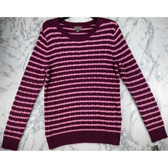 Style & Co. Womens L Cable Crew Striped Sweater Pink & Burgundy - Picture 1 of 8